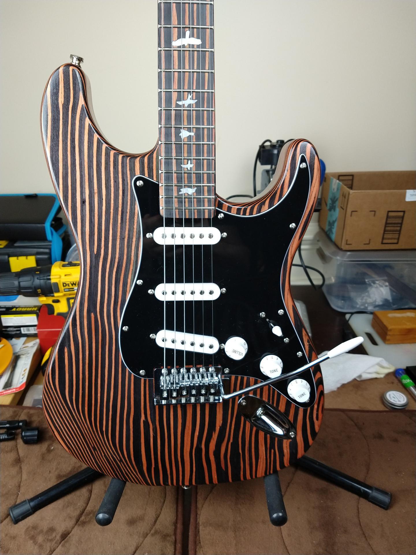 ST Zebrawood Guitar Kit with Bolton neck, White Pickguard Guitar Kit