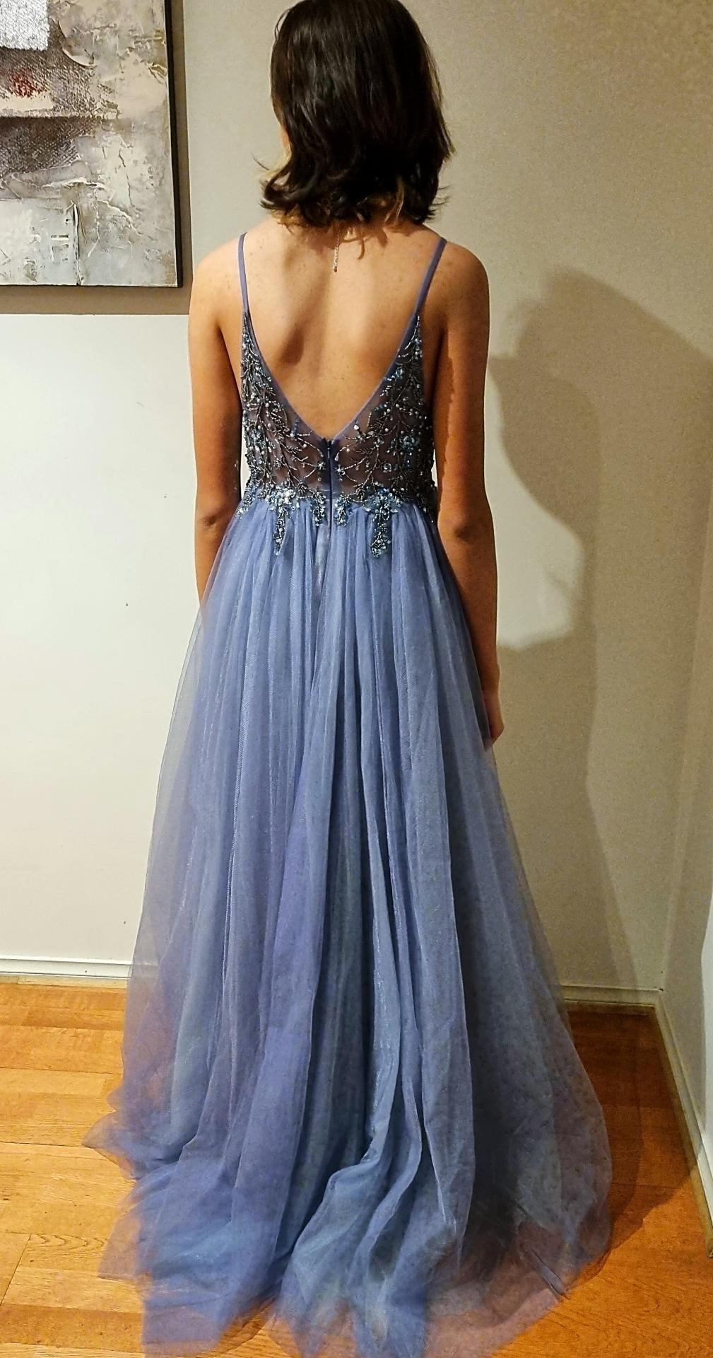 Zapaka Formal Prom Dress Women Aline Vneck Grey Blue Slit Tulle Long